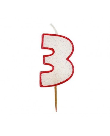 Sviečka - číslica 3 - trblietavá s červeným okrajom 6cm 1ks/P99