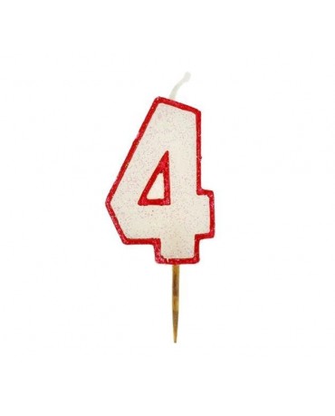 Sviečka - číslica 4 - trblietavá s červeným okrajom 6cm 1ks/P99