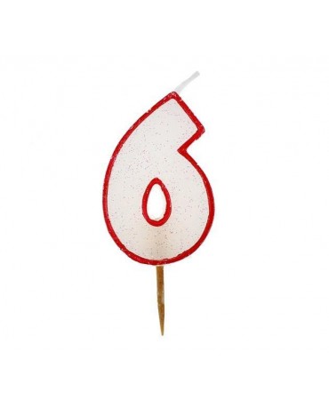 Sviečka - číslica 6 - trblietavá s červeným okrajom 6cm 1ks/P99