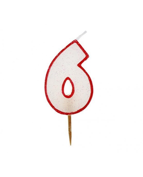 Sviečka - číslica 6 - trblietavá s červeným okrajom 6cm 1ks/P99