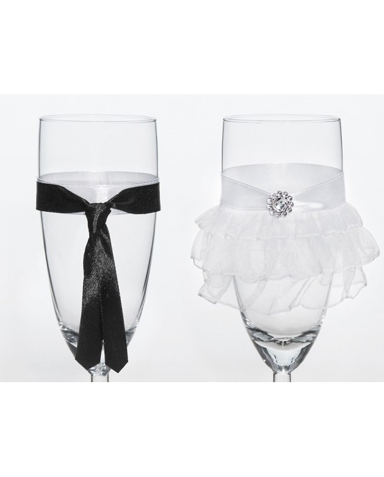 Poháre na šampanské - ženích a nevesta (kravata a sukňa) 2ks