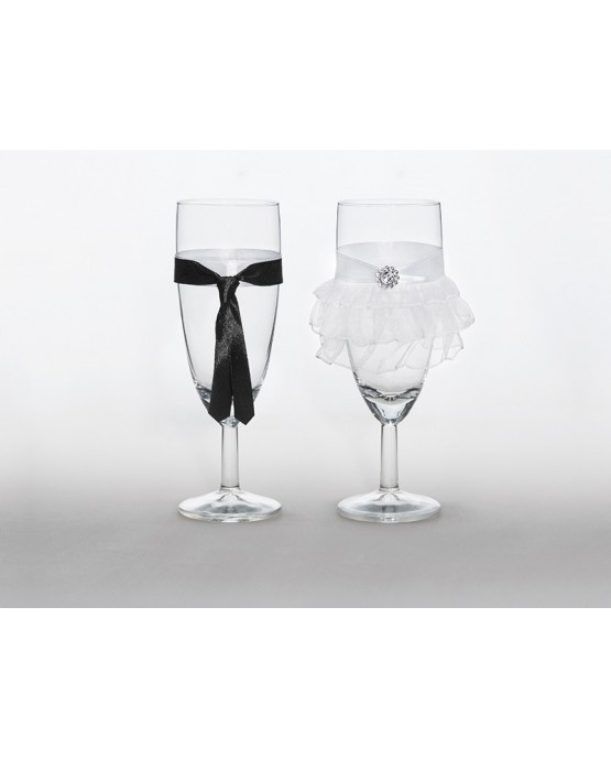 Poháre na šampanské - ženích a nevesta (kravata a sukňa) 2ks