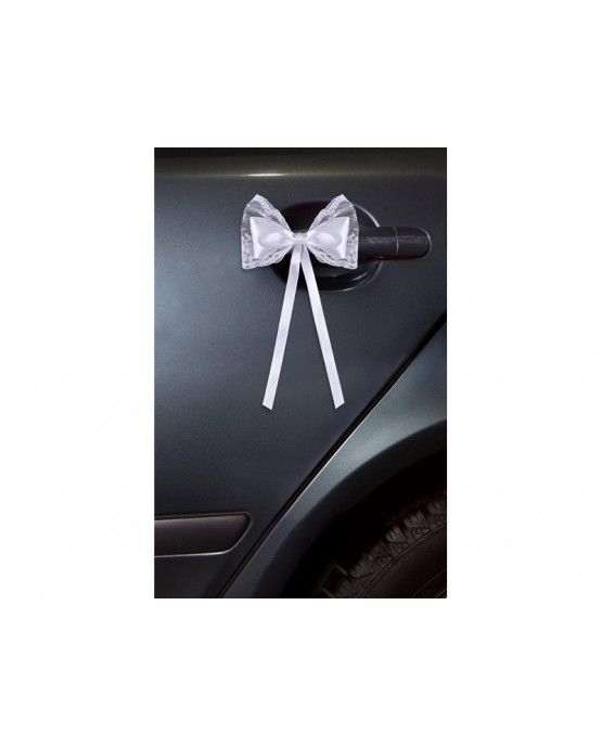 Dekor. na kľučky-saténová mašľa s čipkou - biela 4ks