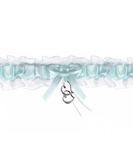Podväzok pre nevestu - bielo-tyrkysový so srdiečkom 1ks