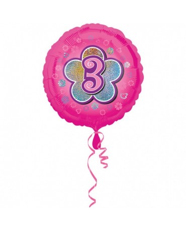 Fóliový balón číslo 3- ružový s kvetom 47cm