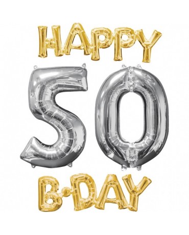 Fóliový balón Happy Bday 50 zlato strieborný