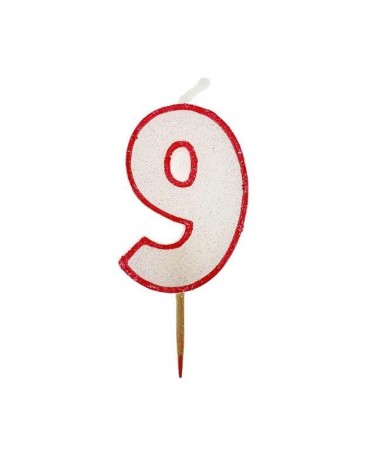 Sviečka číslo 9 - trblietavá-červená 6cm 1ks