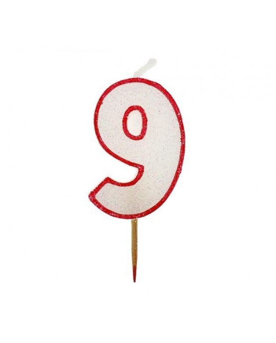 Sviečka číslo 9 - trblietavá-červená 6cm 1ks